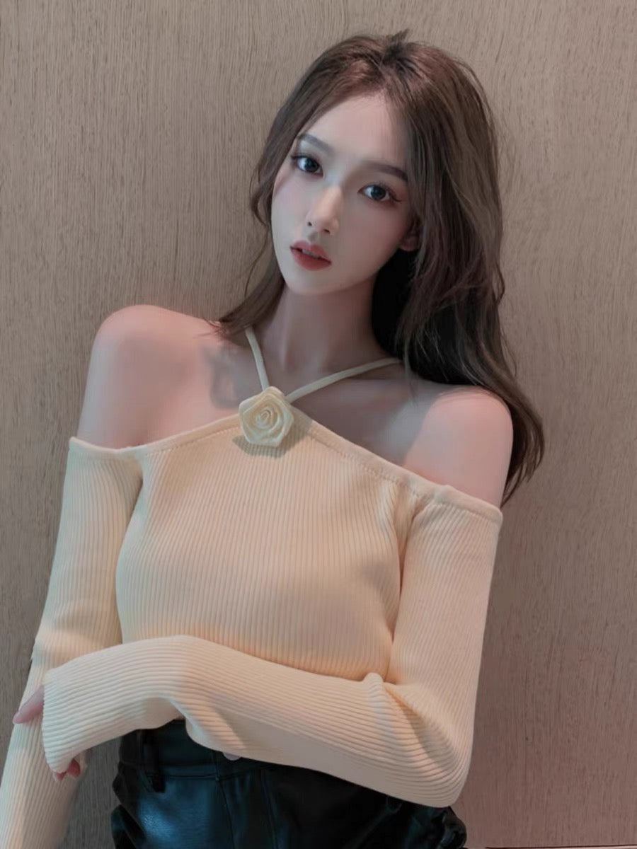 2023 early spring new women's fashionable and sexy casual bottoming shirt short off-shoulder halterneck knitted pure lust top