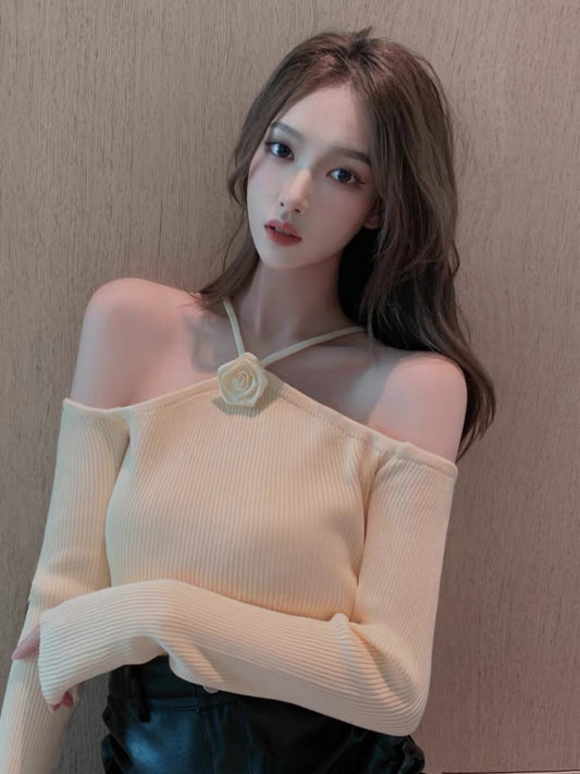 2023 early spring new women's fashionable and sexy casual bottoming shirt short off-shoulder halterneck knitted pure lust top