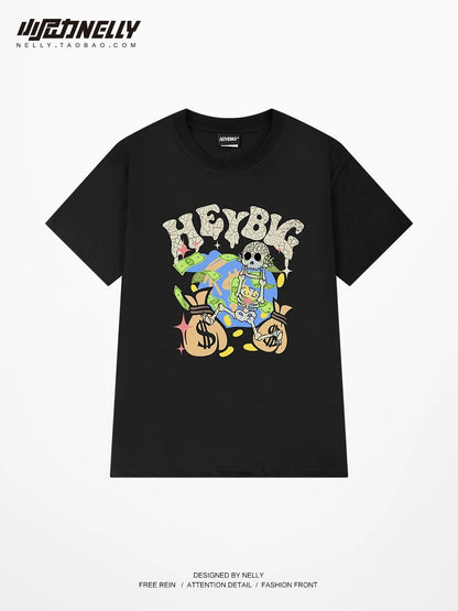 Summer new short-sleeved T-shirt oversize trendy brand punk skull print American round neck hip-hop half-sleeve for men and women