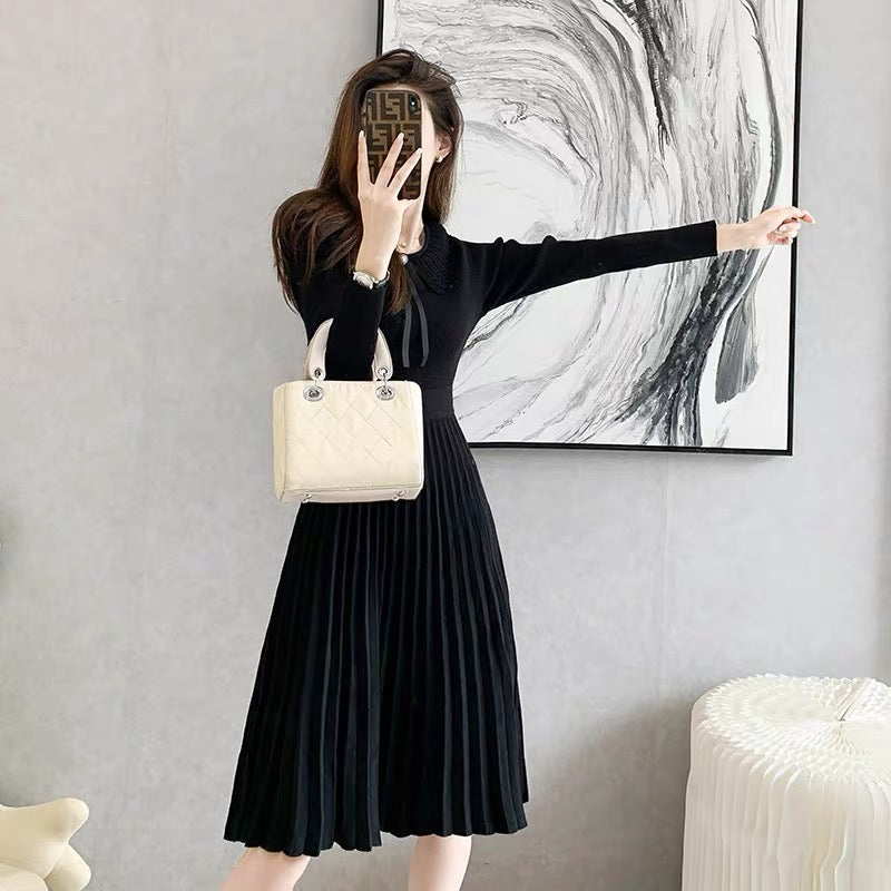 Hepburn little black dress 2023 spring new long-sleeved sweater skirt high-waisted A-line bottoming knitted dress for women autumn and winter (B8916)