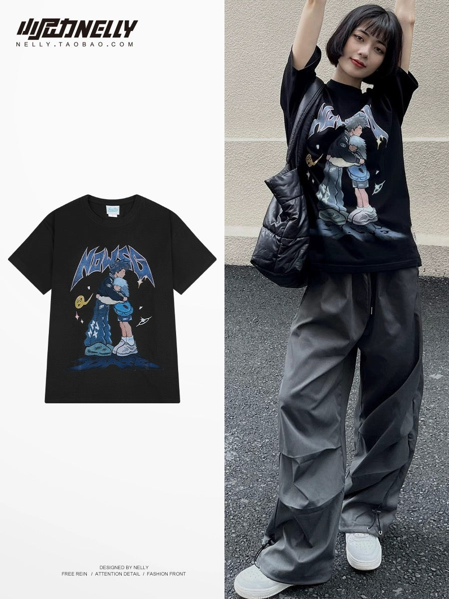 Pure cotton national fashion American high street oversize anime couple short-sleeved T-shirt men and women spring lazy niche tops