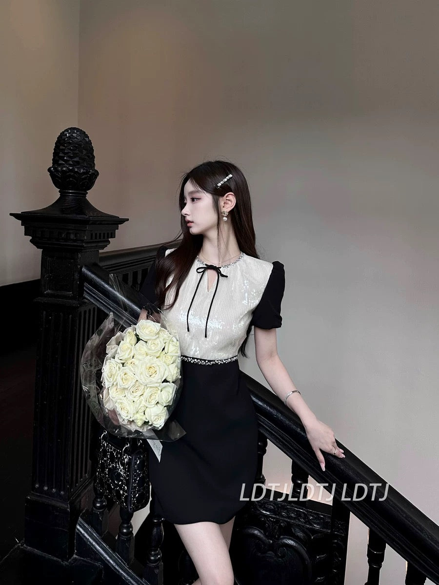 LDTJ Haute Couture 23 Autumn and Winter New Miu Celebrity Embroidered Sequins Light Luxurious Rhinestone Puff Sleeve Splicing Dress for Women