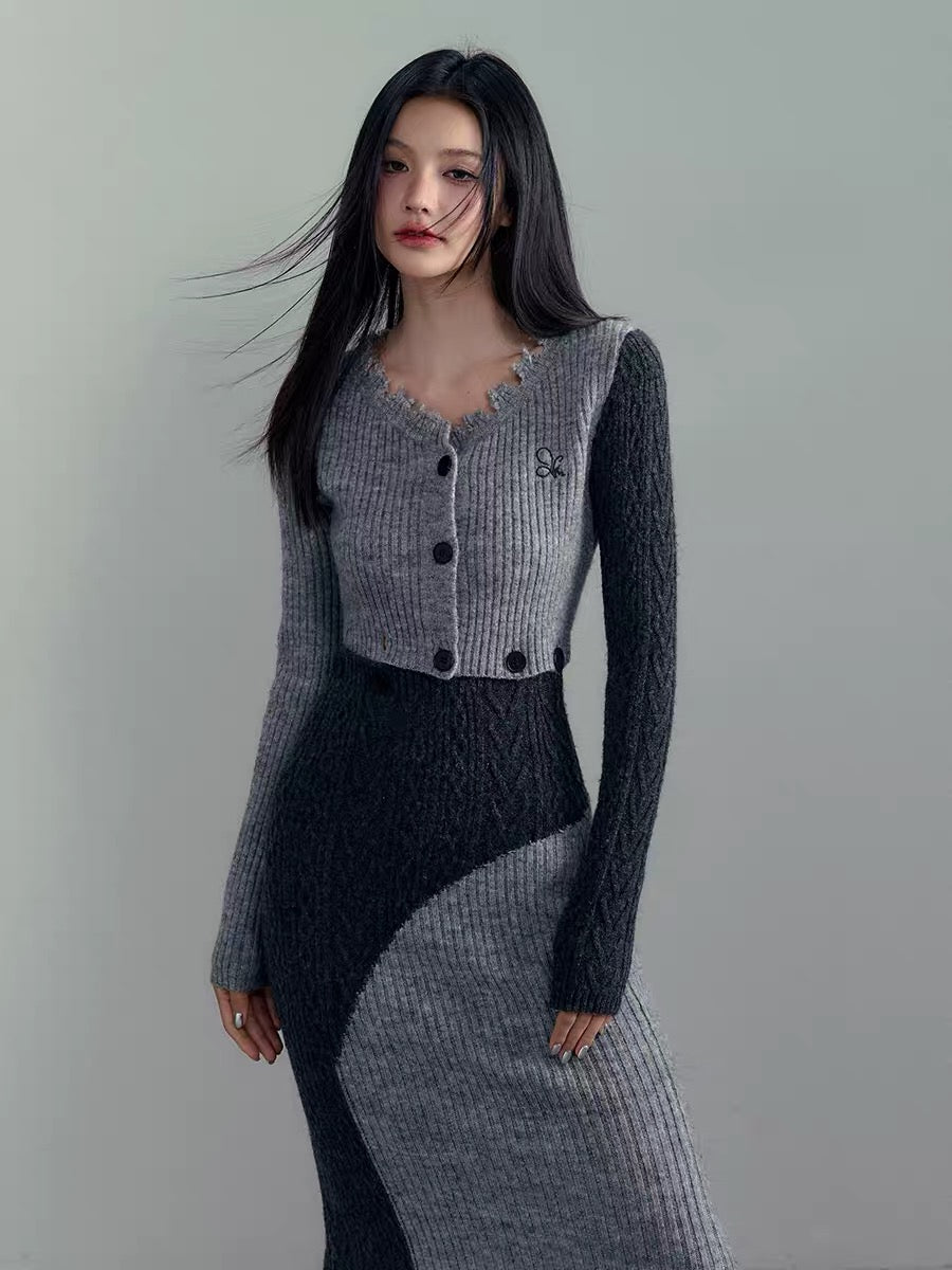 AGAM multi-wear design color block dress hot girl knitted cardigan detachable suit skirt (B4415)