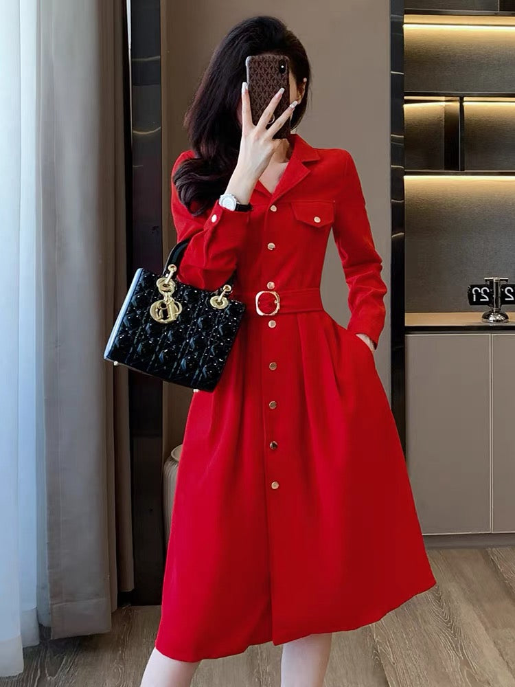 Red small fragrant dress for women autumn 2023 new waist slimming slim mid-length high-end temperament skirt