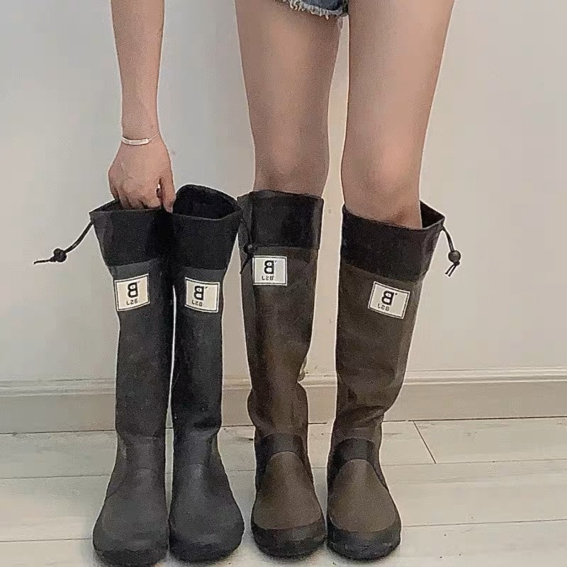 Japan Wild Bird Association boots women's outdoor camping knight boots retro boots but knee flat heel waterproof rain boots
