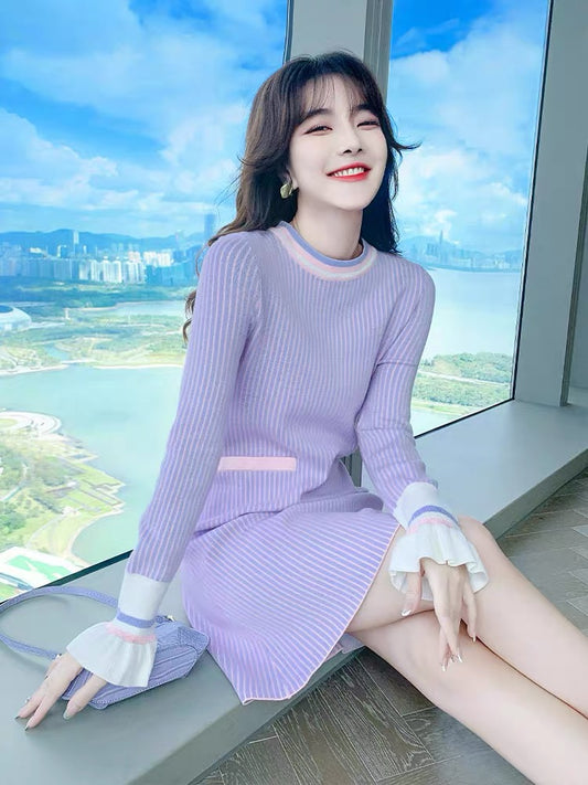 Autumn clothing 2023 new purple French knitted dress autumn temperament autumn high-end sweater skirt women autumn and winter T2351