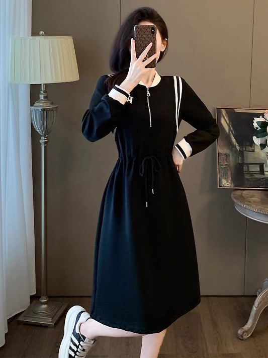 Fashionable Casual Western Dress 2023 Autumn and Winter New Zipper Collar Black and White Contrast Color Adjustable Drawstring Skirt for Women D5594