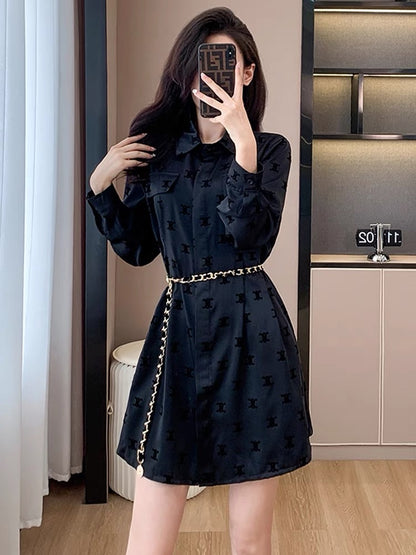 Fashionable and high-end dress 2023 autumn new long-sleeved black printed design mid-length skirt slim fit D5597