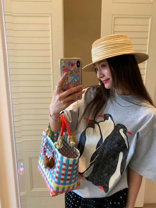 Luoluoxianjie niche design tops for women 2025 new gray printed short-sleeved T-shirts for small people loose