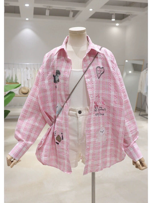 Skin-colored breathable cartoon pattern printing 2024 summer loose medium-length over-hip plaid long-sleeved shirt for women