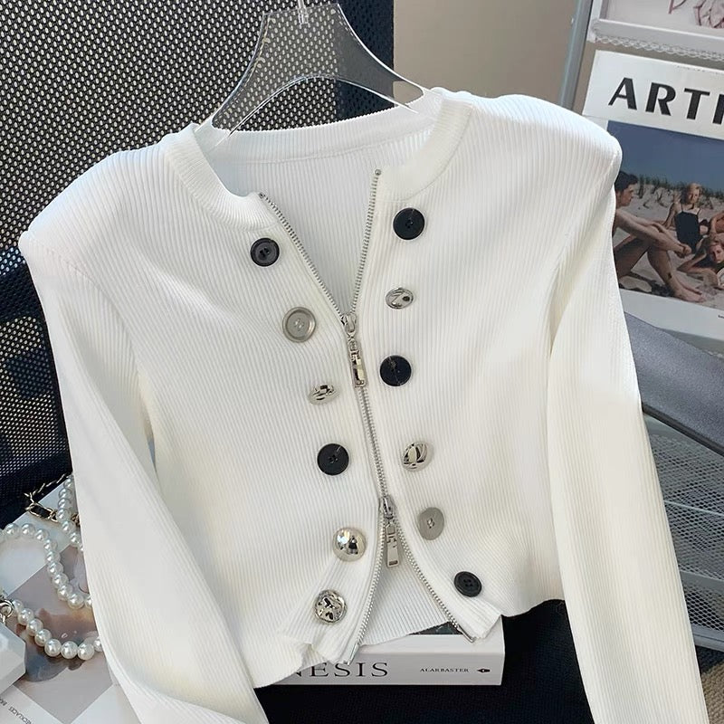2023 Autumn Small Fragrance Style Double-breasted Decorated Knitted Cardigan Short Style Fashionable and Versatile Design Zipper Top for Women V1138