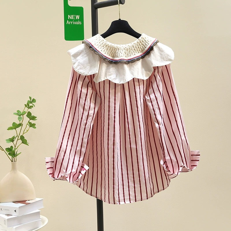 Knitted splicing double-layer doll collar striped shirt women 2024 spring new loose slim shirt age-reducing top
