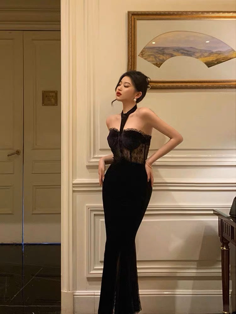 French style black dress long skirt for women summer lace splicing nic   Lee Nhi Boutique