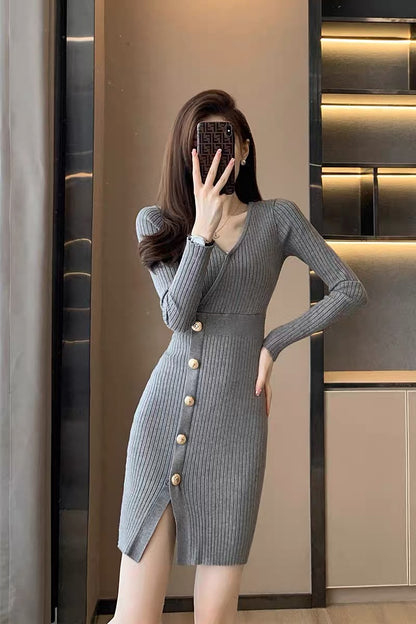 Long-sleeved gray sexy hip-hugging skirt autumn new French style v-neck knitted dress slimming women autumn
