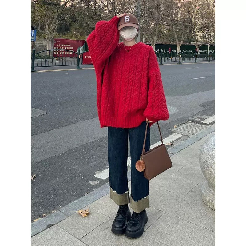 Christmas red twist warm long-sleeved knitted sweater for women in the year of birth, winter loose slimming lazy style pullover top T9590