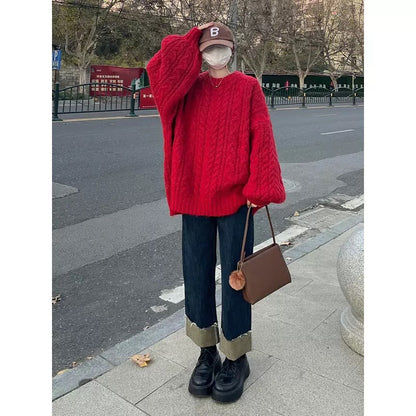 Christmas red twist warm long-sleeved knitted sweater for women in the year of birth, winter loose slimming lazy style pullover top T9590