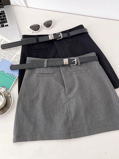 RENA with belt American girl college style high waist slim and small summer A-line anti-lost suit skirt