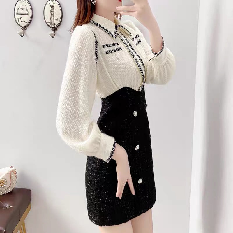 Small dress autumn and winter 2022 new style doll collar temperament waist slimming long-sleeved woolen skirt for women