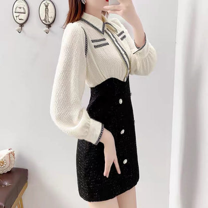 Small dress autumn and winter 2022 new style doll collar temperament waist slimming long-sleeved woolen skirt for women