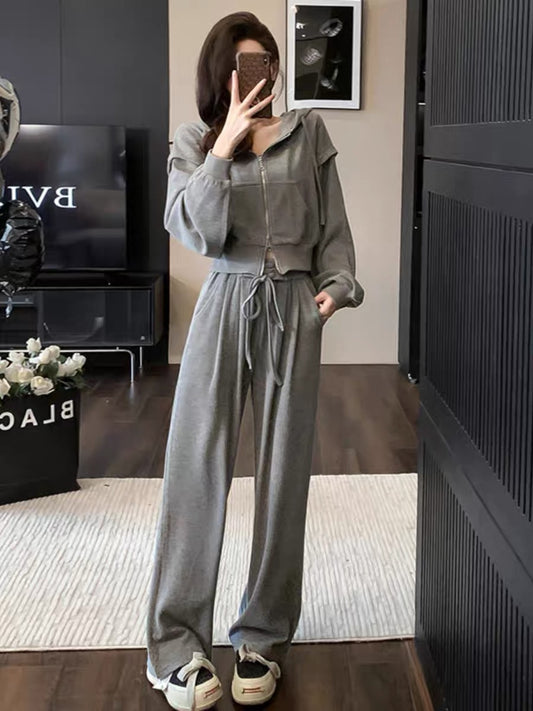2023 Autumn and Winter New Fashionable and High-end Gray Cardigan Zippered Hooded Sweatshirt Strappy Waist Wide Leg Pants Suit (V6616)