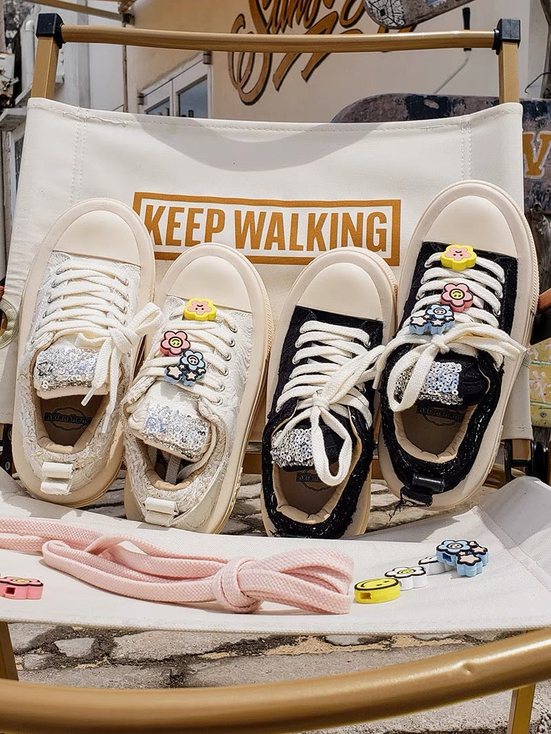 Genuine leather top version!  Zhao Lusi's same style foreshaddw tweed muffin thick-soled canvas small white sneakers for women (S0123)