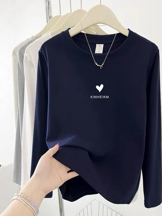 2025 Early Autumn New Style Bottoming Shirt Western Style Straight Shoulder Women's Long Sleeve T-shirt Round Neck College Style Letter Printed Top