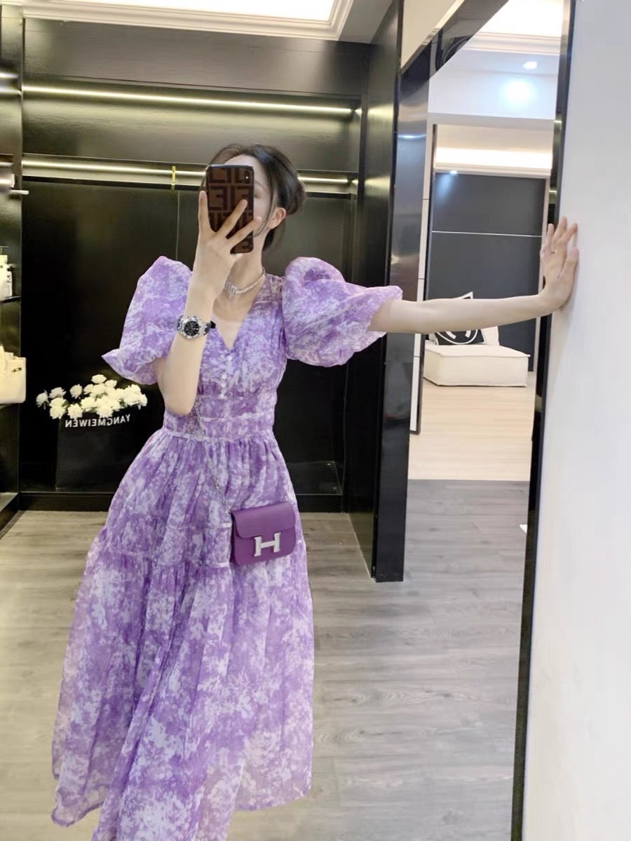 Leathercat dress 2023 new women's summer high-end sense French sweet waist slimming long skirt
