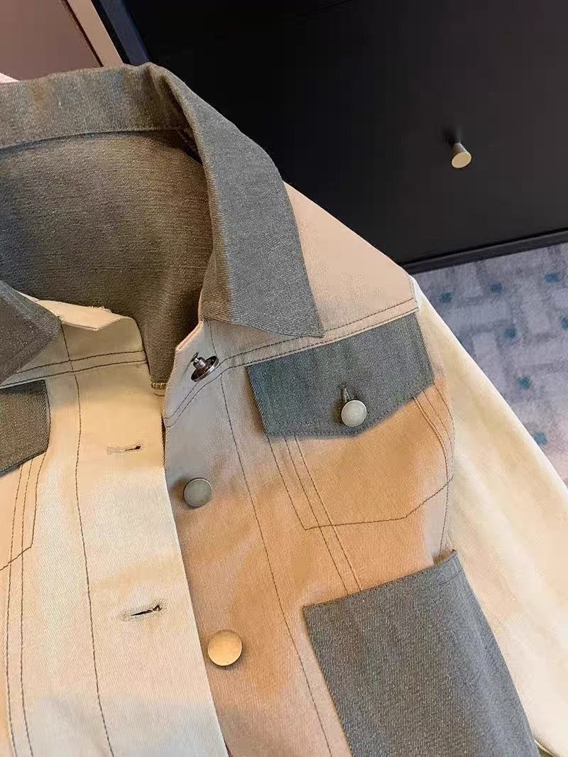 Tide brand design sense splicing contrast color lapel denim jacket men and women spring and autumn niche chic single-breasted jacket jacket