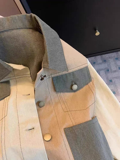 Tide brand design sense splicing contrast color lapel denim jacket men and women spring and autumn niche chic single-breasted jacket jacket