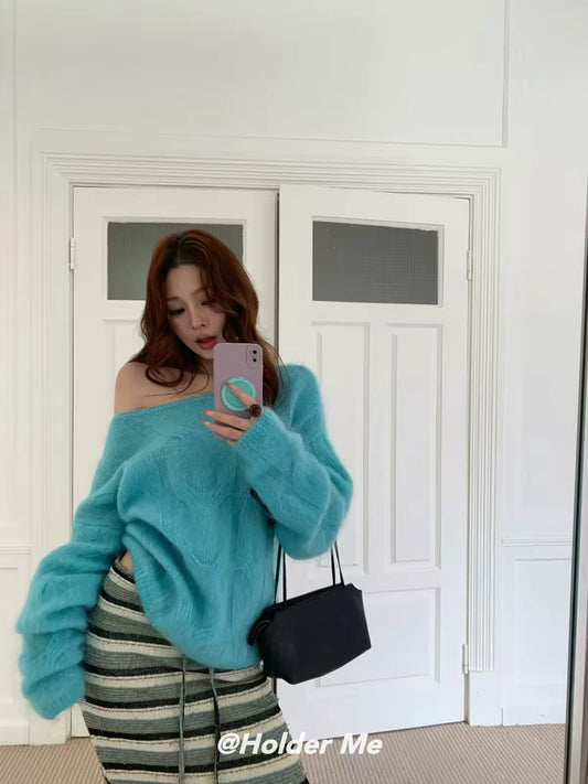 HOLDER 2026 Winter New Collection: Korean-Style Relaxed-Fit, One-Shoulder, Long-Sleeve, Thick-Knit Sweater for Women