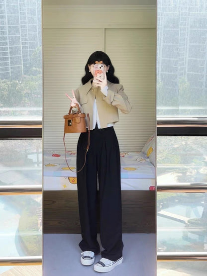 Frosty high-end suit autumn fashion foreign style small fragrance short jacket coat wide-leg pants two-piece set for women
