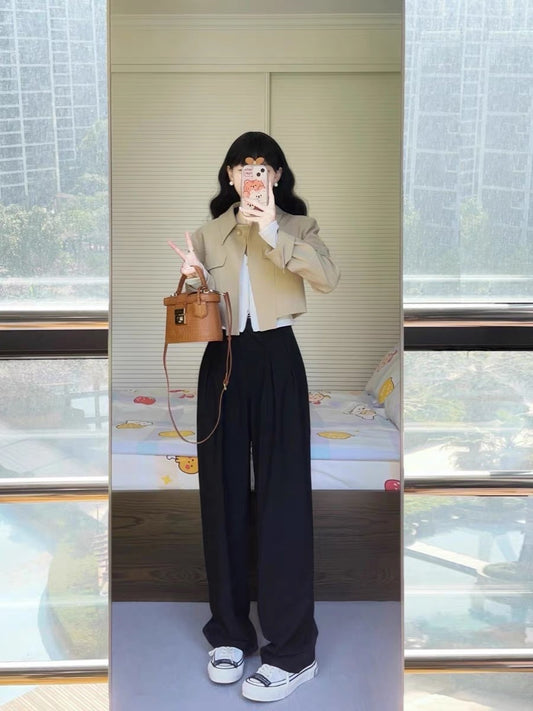 Frosty high-end suit autumn fashion foreign style small fragrance short jacket coat wide-leg pants two-piece set for women