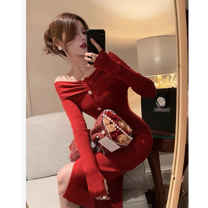 BETTER LS elegant one-shoulder knitted dress women's slim-fitting slit hip skirt autumn and winter bottoming skirt (S0870)