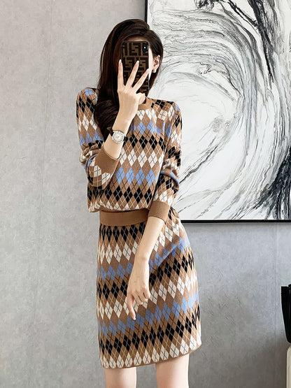 French style knitted two-piece suit for women in autumn and winter new style sweater slim hip wrap skirt fashionable two-piece suit skirt