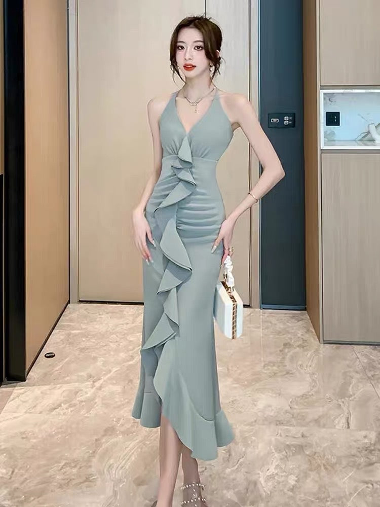 French temperament lotus leaf edge red hanging neck suspender dress women's summer high-end sexy bag hip V-neck slit long skirt
