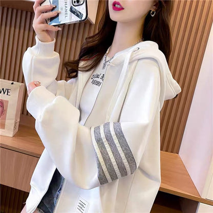 Age-reducing sports style sweatshirt cardigan for women 2023 early autumn new Korean style chic loose casual top hooded jacket (J0247)