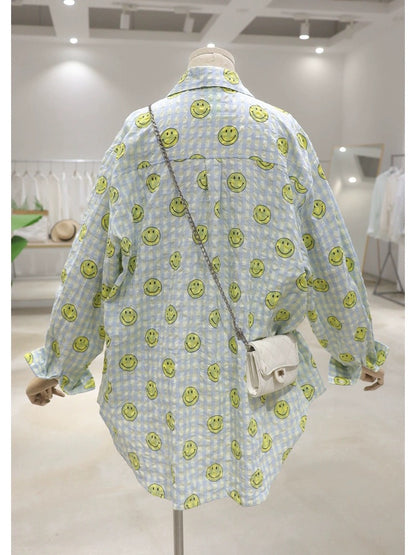 Breathable full body small smiley face printing 2024 summer loose medium and long cotton thin plaid long-sleeved shirt for women