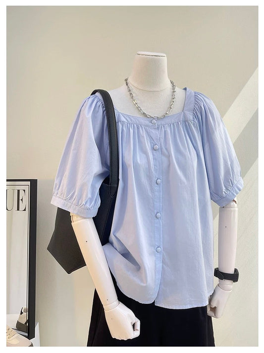 The last wave of new styles in summer~ French square collar tops, small shirts, pure cotton buttons, loose solid color short-sleeved shirts for women in summer