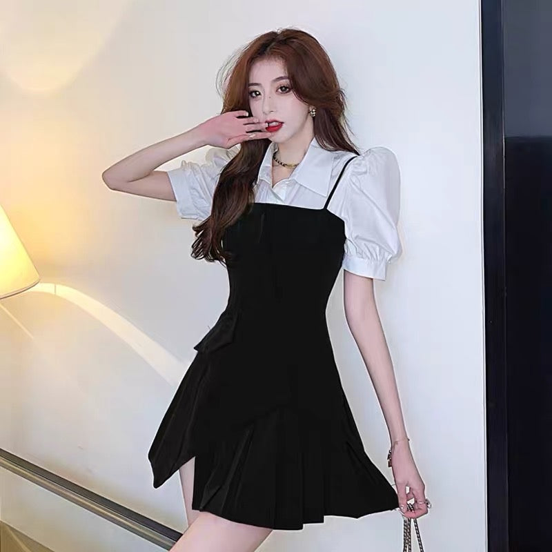 Small slim-fitting high-end pleated skirt suit for women summer chic shirt splicing irregular dress two-piece set