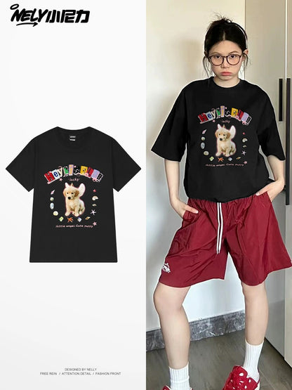 nely little nely cute dog American short-sleeved T-shirt men and women 2024 summer new pure cotton half-sleeved top trend