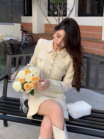 2023 autumn and winter socialite daughter Xiaoxiang style French gentle and sweet knitted lapel long-sleeved dress sweater short skirt (D172)