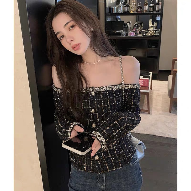 2023 Spring and Autumn New Style Xiaoxiang Style Long Sleeve Plaid One-Neck Off-Shoulder Short Slim Fit Sequin Jacket Top for Women