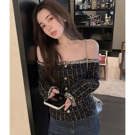 2023 Spring and Autumn New Style Xiaoxiang Style Long Sleeve Plaid One-Neck Off-Shoulder Short Slim Fit Sequin Jacket Top for Women