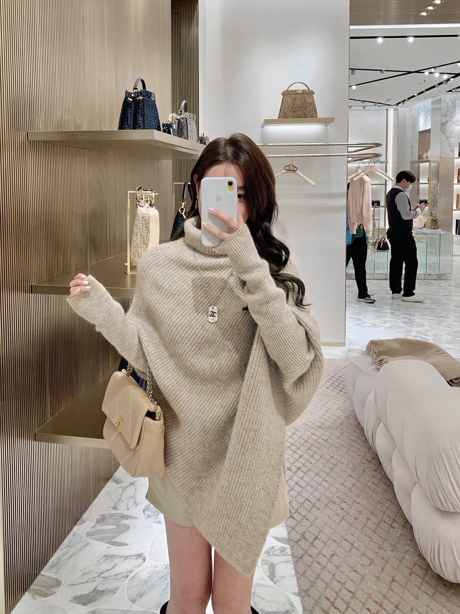 cchenchenchen_Irregular design turtleneck sweater for women in autumn and winter loose and versatile niche lazy style knitted sweater