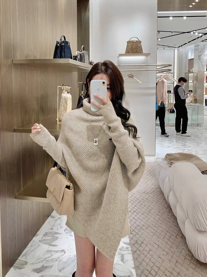 cchenchenchen_Irregular design turtleneck sweater for women in autumn and winter loose and versatile niche lazy style knitted sweater