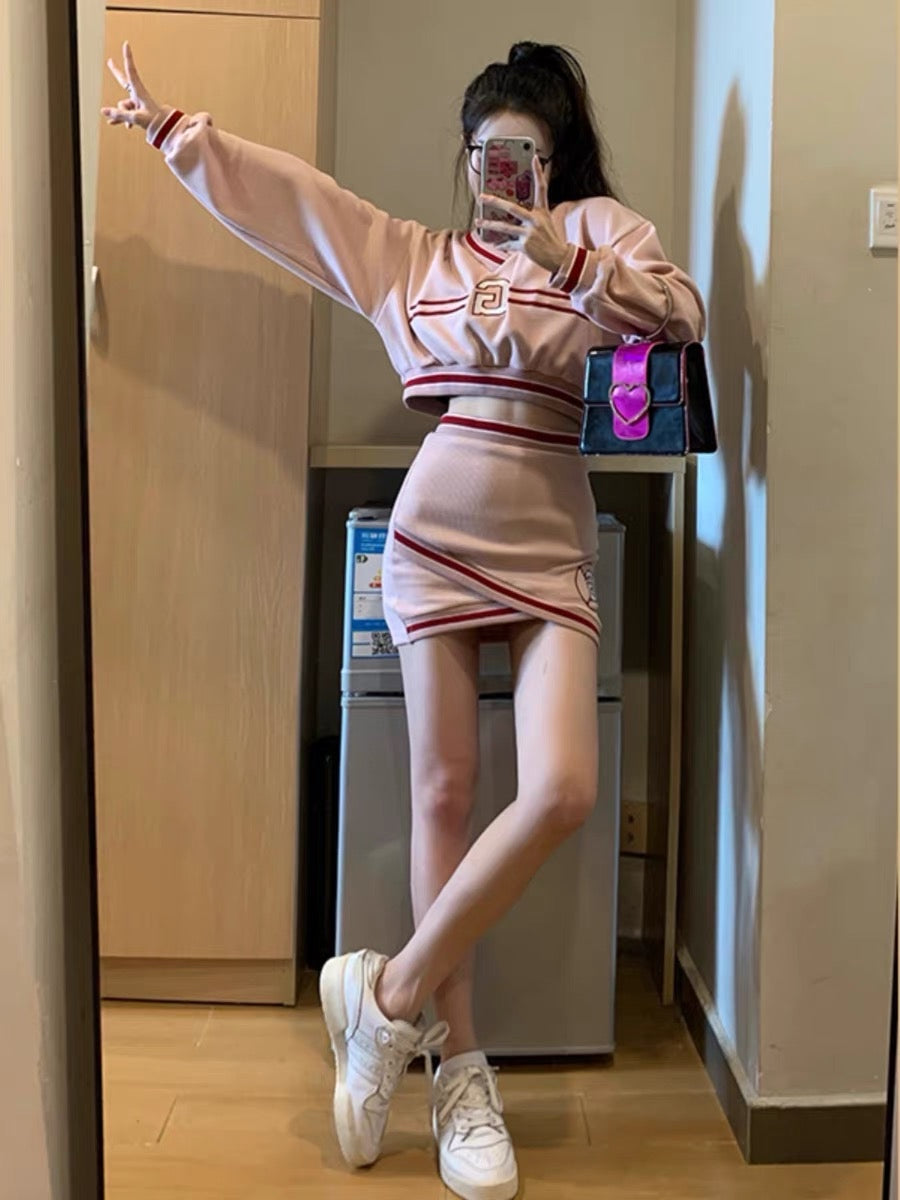 [Fan Welfare] Hot Girl Suit Women's Spring Pink Sports Age-Reducing Small American Sweatshirt and Skirt Two-piece Set