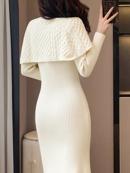 New winter women's fashion temperament, gentle and sweet first love, foreign style girl's slim long skirt, shawl knitted dress