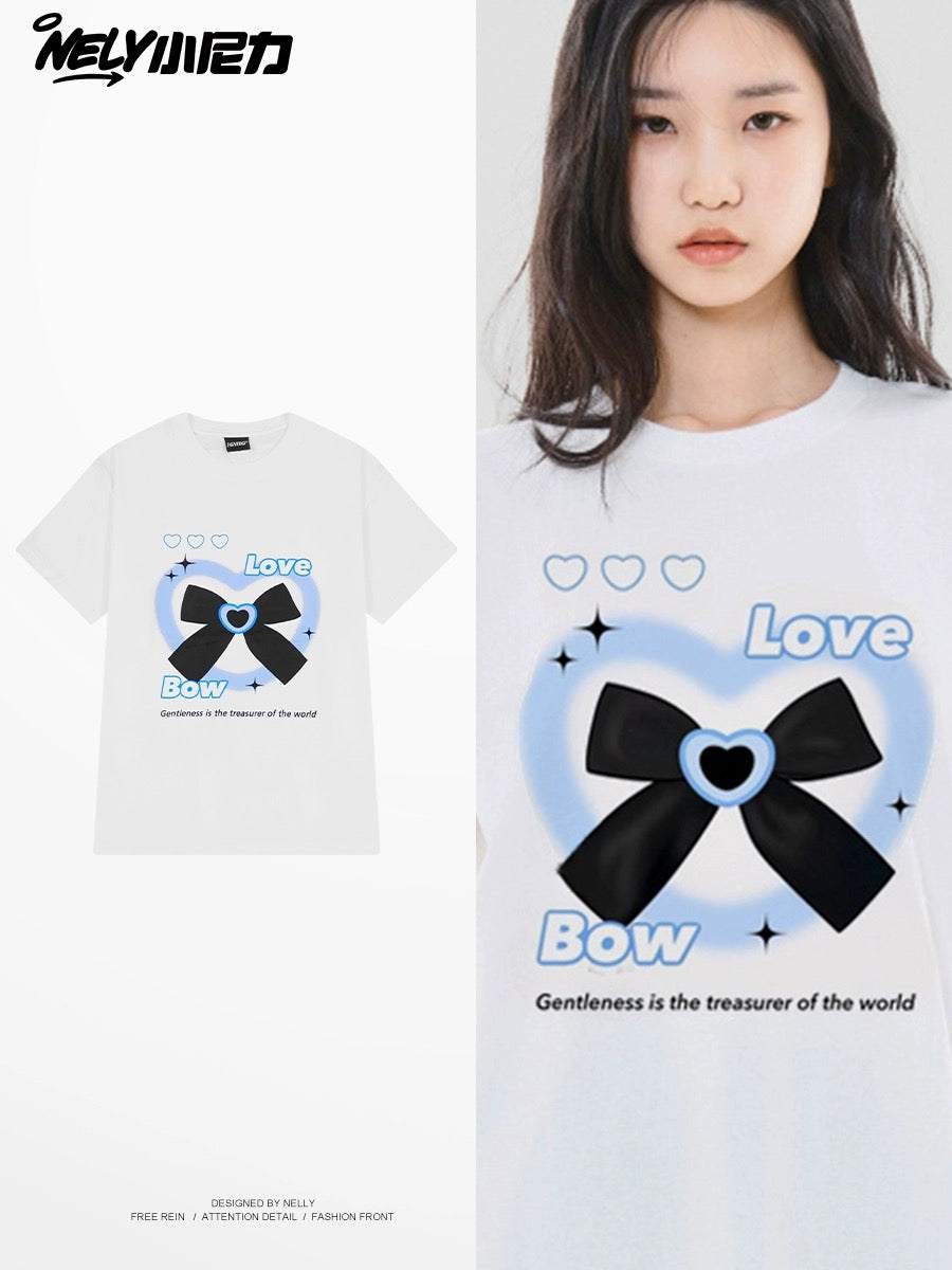 Nely Little Nely summer American love bow short-sleeved T-shirt for men and women round neck pure cotton oversize T-shirt