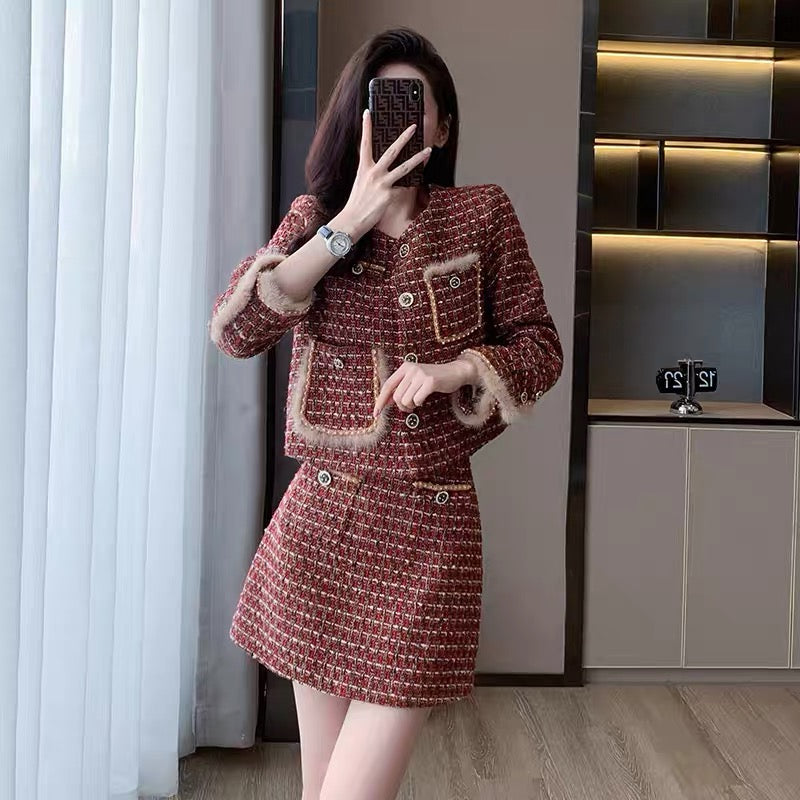 2023 new women's fashion suit, small fragrance, light luxury, high-end, foreign style, age-reducing skirt, two-piece autumn set