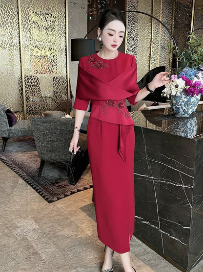 2023 Autumn and Winter Heavy Industry Embroidered Beaded Red Wedding Banquet Red Dress Dress Western Fashion Slim Dress